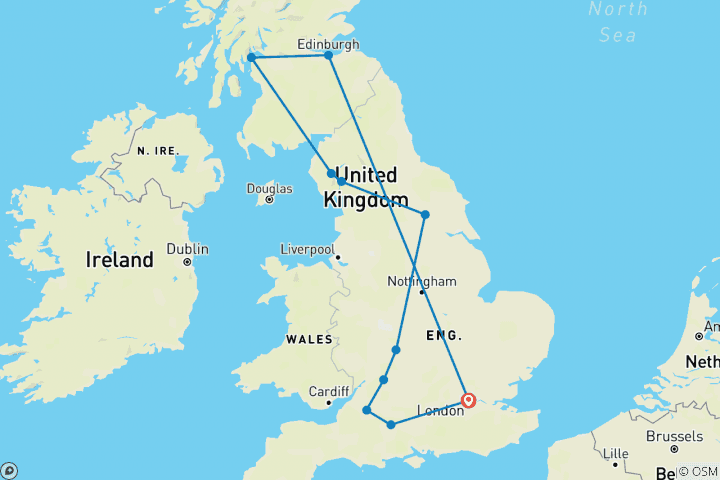 Carte du circuit Elégance de la Grande- Bretagne - petits groupes, départ de Londres, 13 jours