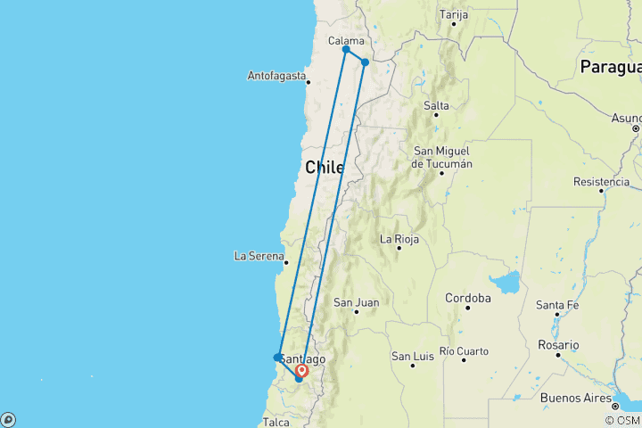 Carte du circuit Aventure sur mesure de 9 jours dans le désert d'Atacama, avec guide et chauffeur privés