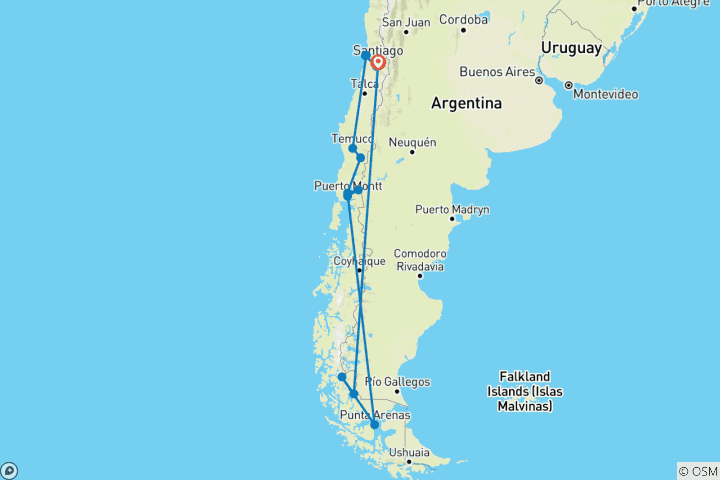 Carte du circuit Circuit privé au Chili dans la région des lacs et en Patagonie avec rafting et trekking
