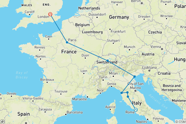 Carte du circuit Splendeur européenne (fin à Londres, 12 jours)