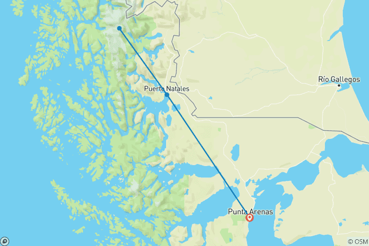 Mapa de Chile: Punta Arenas, Puerto Natales y Parque Nacional Torres del Paine - 4 días