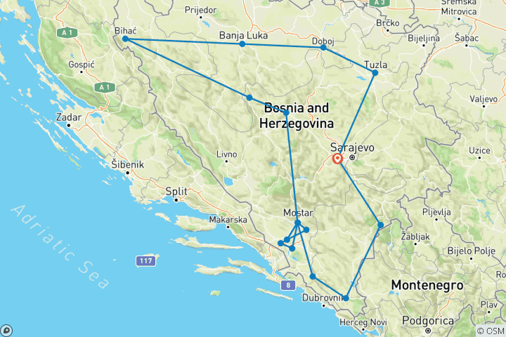 Karte von Unglaubliches Bosnien: UNESCO-Stätten - 17 Tage ab Sarajevo