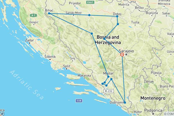 Map of Incredible Bosnia: UNESCO sites and other beautiful destinations together with off the beaten path historical places on a 17-days tour from Sarajevo