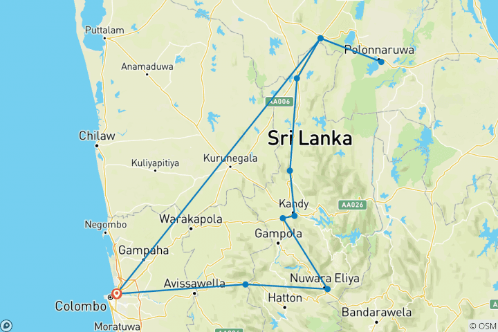 Kaart van Culturele hoogtepunten van Sri Lanka, privérondreis (6 dagen)