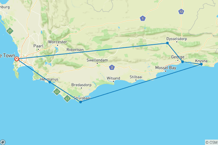 Carte du circuit 4 jours Route des jardins - Circuit de luxe en petit groupe au départ du Cap