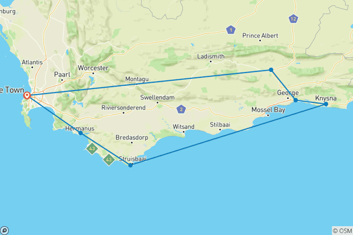 Map of 4 day Garden Route's Best Selection Micro Group Tour from Cape Town