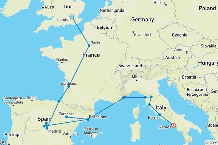 Map of Mediterranean Journey (Classic, Summer, Start London, 17 Days)