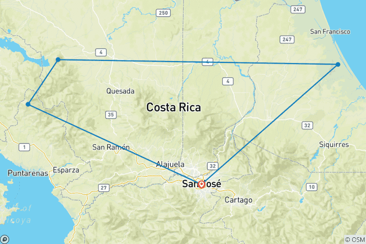 Map of Costa Rica: San Jose, Tortuguero National Park, Arenal Volcano National Park & Monteverde - 8 days