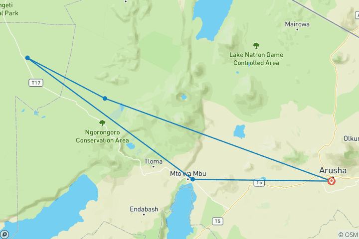 Karte von Entdecken Sie die Top of All Top Best und World's Most Affordable 6-Day Tanzania Family Safari from Arusha ( 2026 & 2027)