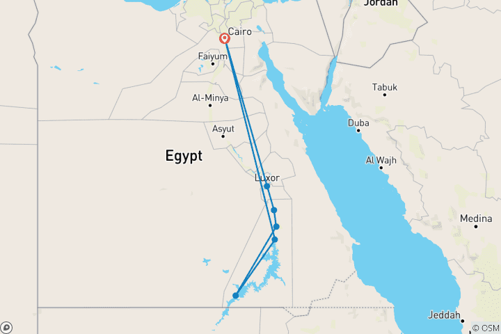 Map of From Cairo with Train 4 Days Nile Cruise Luxor, Aswan, Abu Simbel & More