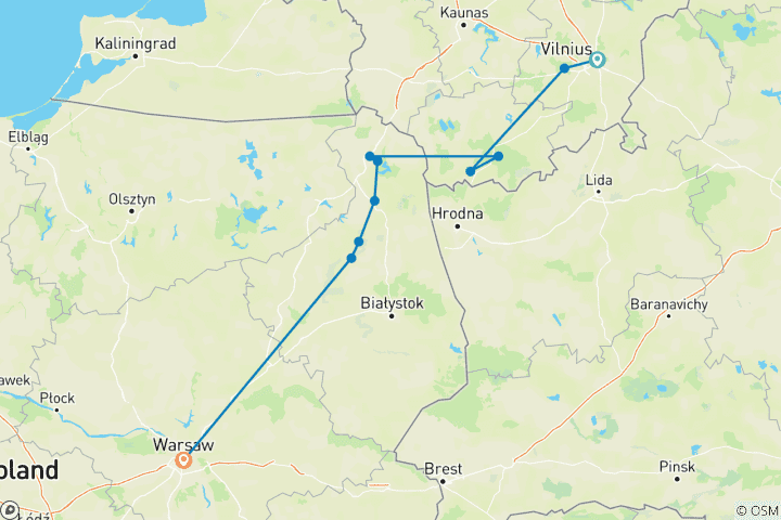 Map of The Commonwealth self-guided cycling tour: Lithuania – Poland (another Commonwealth)