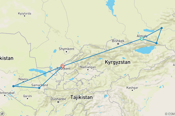 Map of Hidden Treasures of Central Asia: Kazakhstan & Uzbekistan