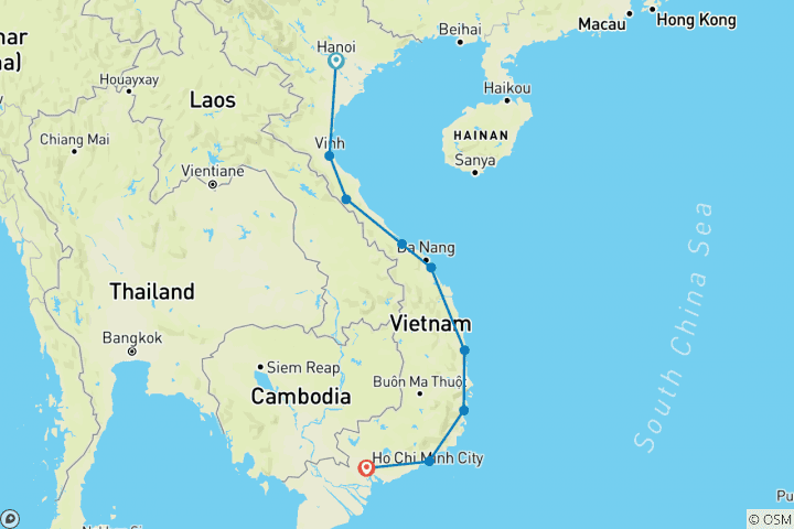 Carte du circuit Vietnam : Roadtrip de Hanoi à Ho Chi Minh Ville