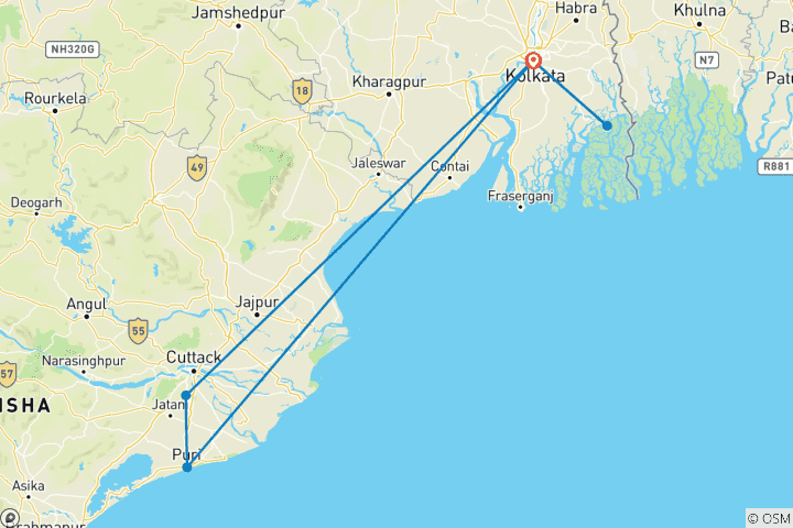 Carte du circuit Expédition dans les temples et les mangroves : De Kolkata à Odisha