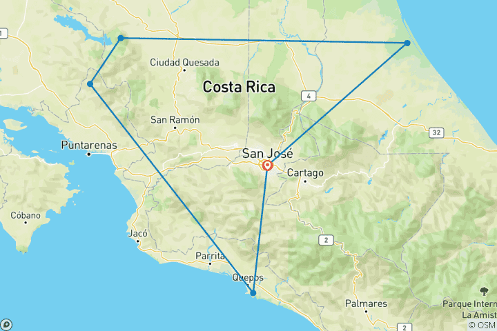 Map of Costa Rica: San Jose, Tortuguero, National Park  Arenal, Volcano National Park, Monteverde, Manuel Antonio- 11 days