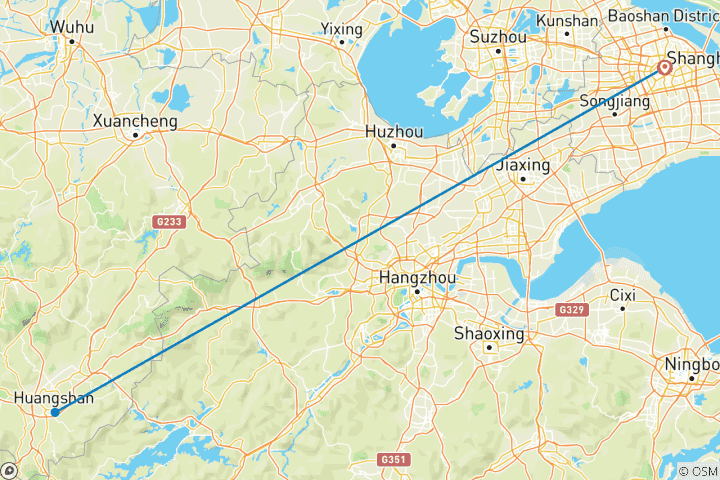 Carte du circuit 5 jours d'exploration en train Bullet aller- retour de Shanghai au Mont Jaune, à Xidi et au village de Hongcun