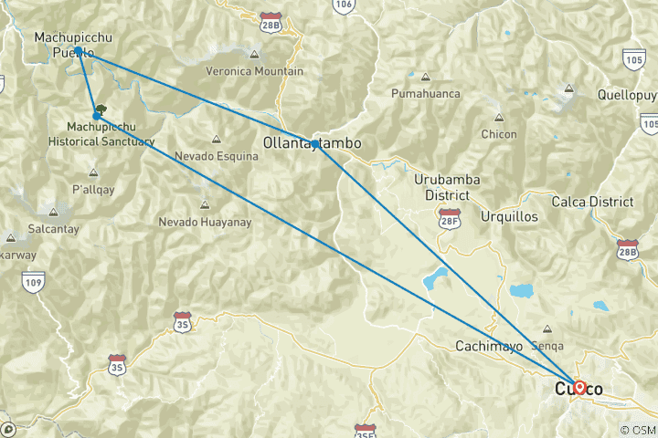 Carte du circuit Chemin Inca 2 jours au Machu Picchu avec hôtel