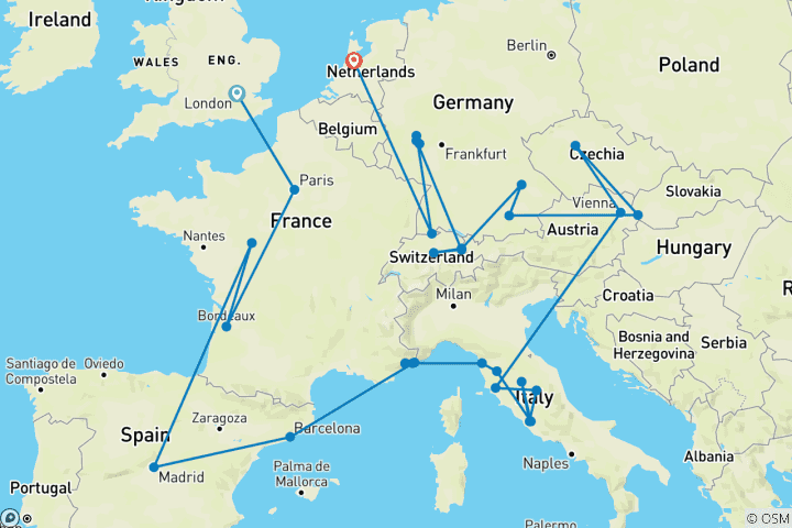 Carte du circuit Grand Européen (U S C A, 29 jours)