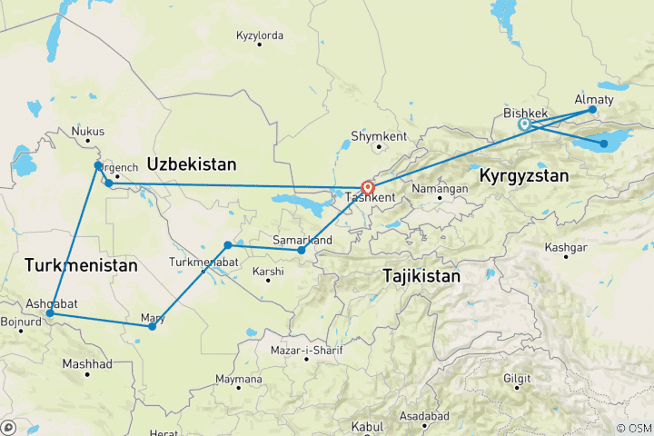 Carte du circuit Asie centrale 16 jours Départ de Bishkek
