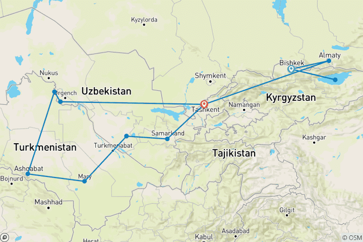 Map of Central Asia 16 days Start in Bishkek