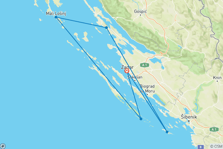 Carte du circuit Croisière à la voile et randonnée sur les îles en Croatie