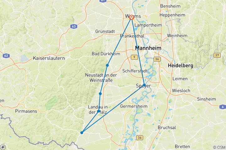 Carte du circuit Palatinat | Voyage à vélo individuel | A travers les vignobles et la plaine du Rhin