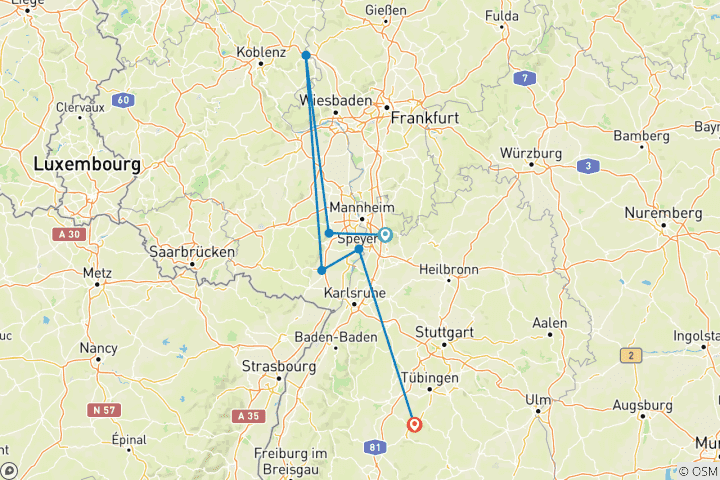 Carte du circuit Palatinat | Voyage guidé en vélo électrique | A la rencontre des Staufer et des Saumagen