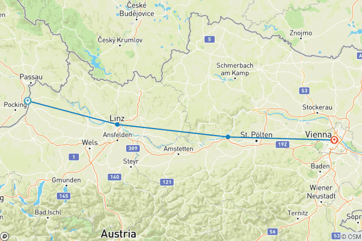 Kaart van Donaufietsroute, sportief Scharding/Passau naar Wenen