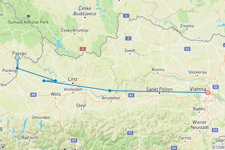 Kaart van Donau-fietspad verkort, Passau naar Wenen