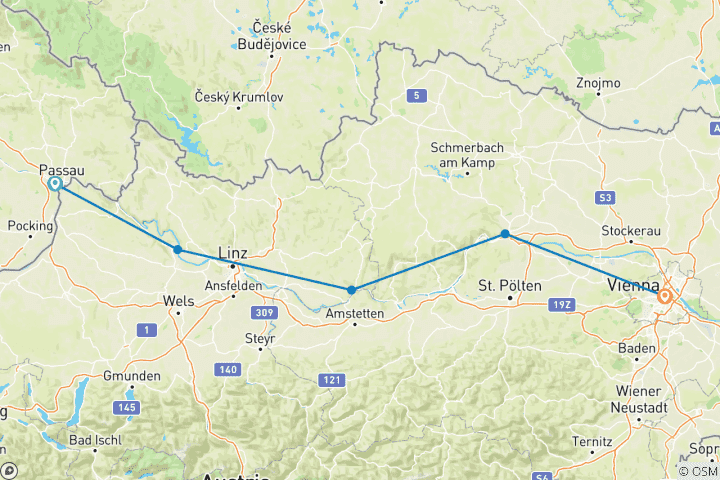 Map of Danube Cycle Path Shortened, Passau to Vienna