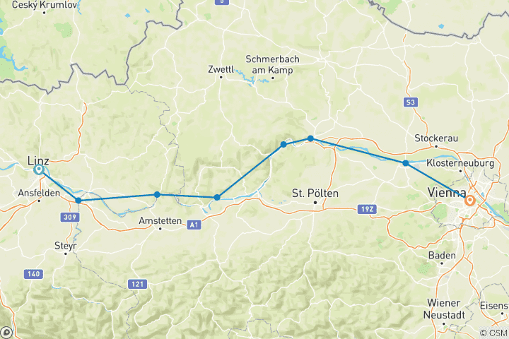 Karte von Donau-Radweg für Familien, Linz – Wien