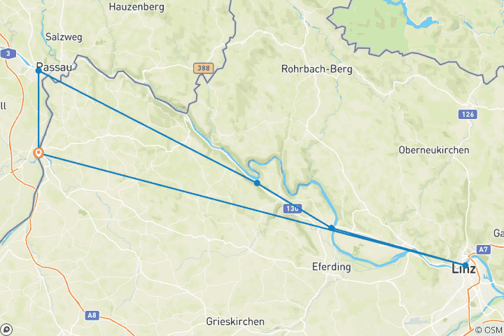 Karte von Donau-Radweg für Familien, Schärding – Linz