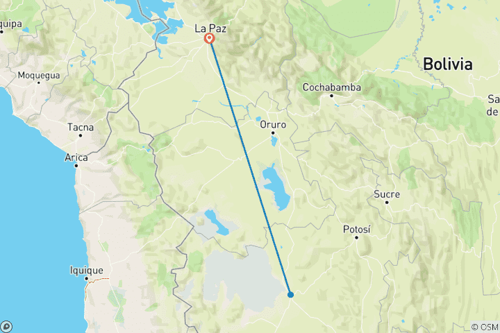 Kaart van Diepgaande 7-daagse privé Bolivia Uyuni Tour, dagelijkse start & volledig begeleid