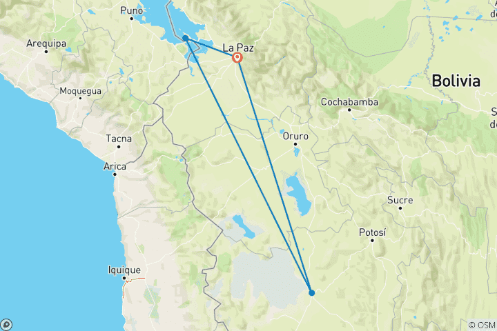 Kaart van Bolivia 9-daagse reis op maat naar Uyuni & het Titicacameer, dagelijkse start & privégids