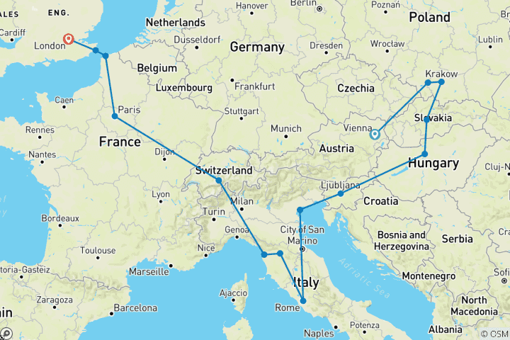 Map of Vienna to London Trail (Summer, Classic, 16 Days)