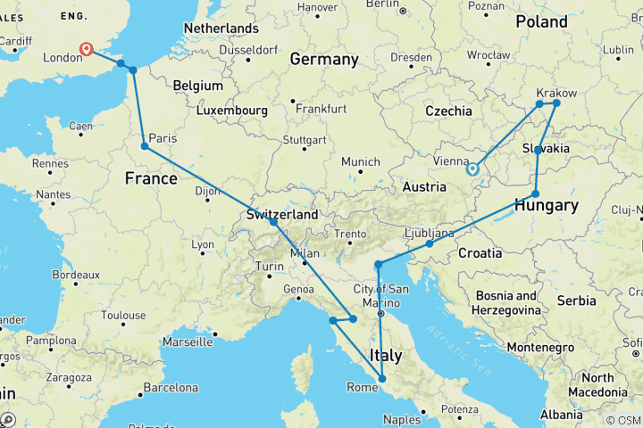 Map of Vienna to London Trail (Summer, Classic, 16 Days)