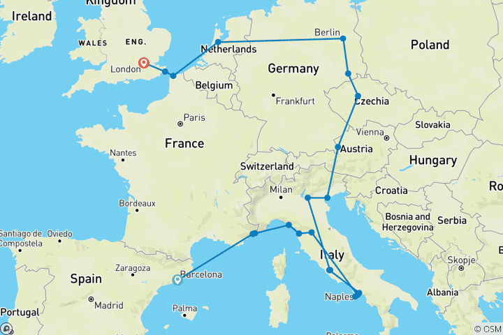 Kaart van Quest van Barcelona naar Londen (winter, 18 dagen)