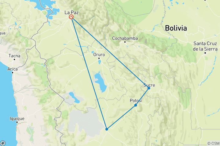 Mapa de Viaje Clásico por Bolivia de 8 días hecho a medida con hoteles de 4 estrellas, salida diaria y guía privado