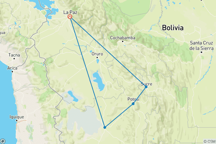 Kaart van Op maat gemaakte 8-daagse klassieke Bolivia reis met 4-sterren hotels, dagelijks vertrek & privégids