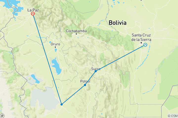 Carte du circuit Circuit personnalisé de 8 jours en Bolivie pour les familles avec hôtels de qualité, départ quotidien et guide privé
