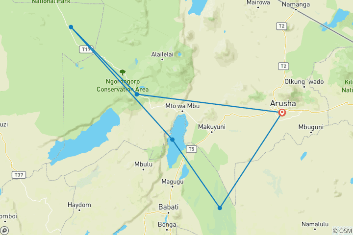 Map of 6 Days Best of Tanzania Safari. (Group Scheduled 4x4)