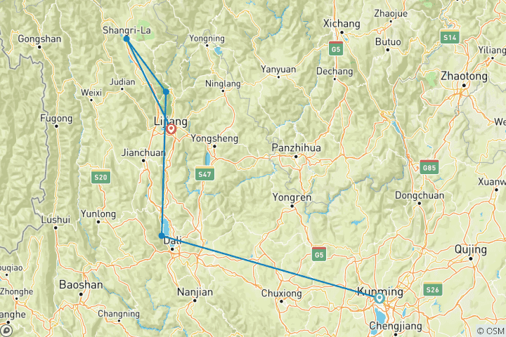 Kaart van 10-daags avontuur in Yunnan: Kunming, Rood Land, Dali, Shangri-la, Lijiang