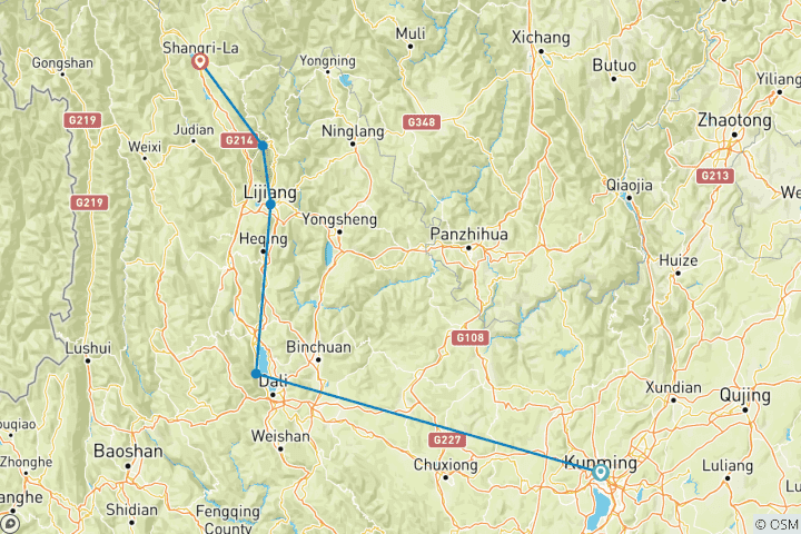 Map of 10-Day Yunnan Adventure: Kunming, Red Land, Dali, Lijiang, Shangri-la
