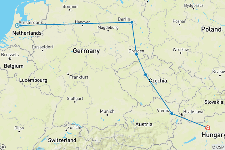 Map of Amsterdam to Budapest Rail Explorer