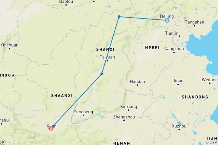 Map of Beijing to Datong, Hanging Monastery, Pingyao, and Xian by Bullet Train