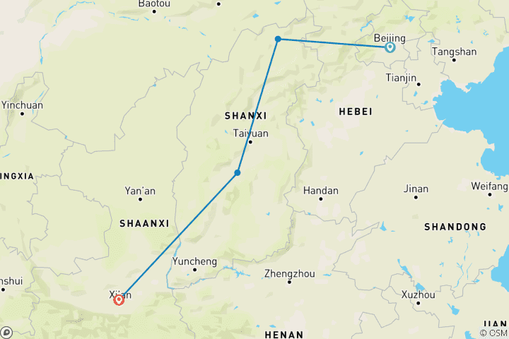Carte du circuit Pékin - Datong, Monastère suspendu, Pingyao et Xian en train à grande vitesse