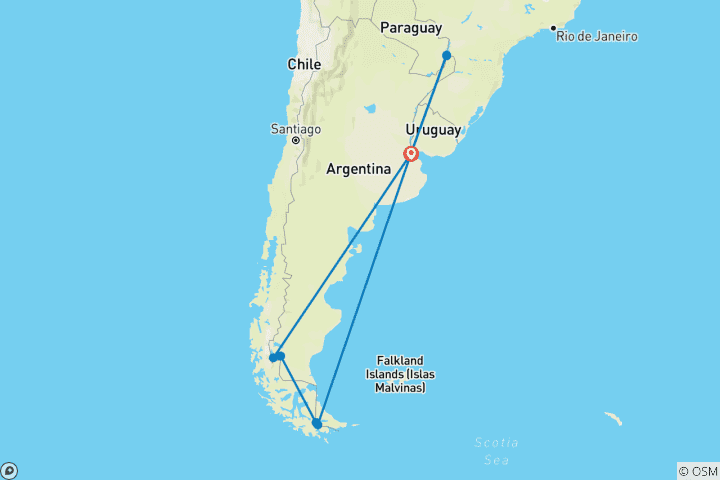 Carte du circuit Aventure personnalisée en Patagonie avec les chutes d'Iguazu, étoiles du jour