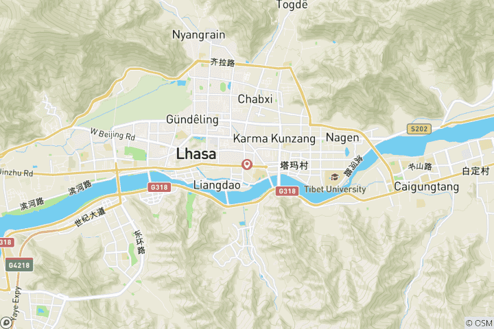 Map of 5-Day Classic Lhasa Tour: Potala Palace, Jokhang Temple, Drepung, Sera Monastery, Norbulinka, Yamdrok Lake