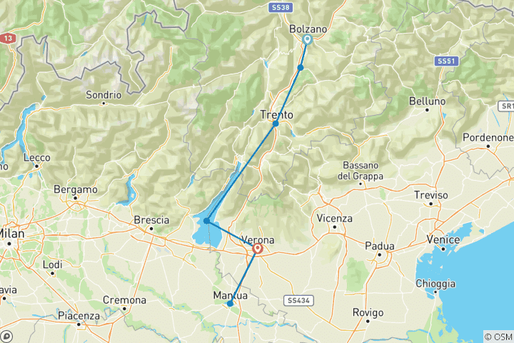 Carte du circuit Bolzano - Vérone :  Le long de l'Adige jusqu'à Romeo et; Juliet.