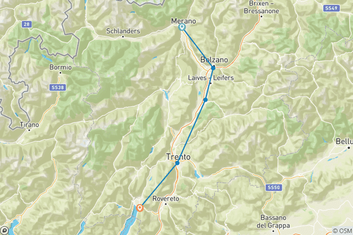 Carte du circuit De Merano au lac de Garde : d'une ville d'eaux au "Lago".